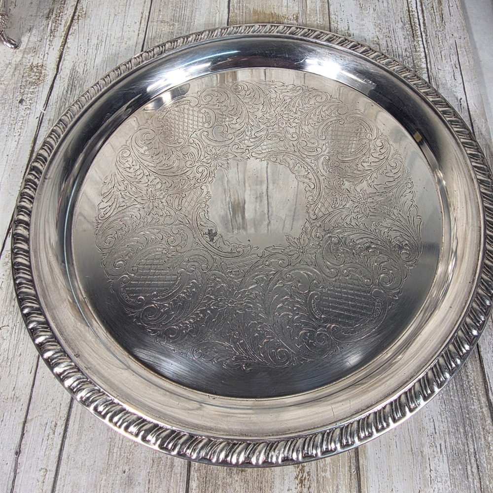 Leonard Silver Plated Tea Set 3pc Ornate Teapot Creamer and Etched Serving Tray - Picture 13 of 16